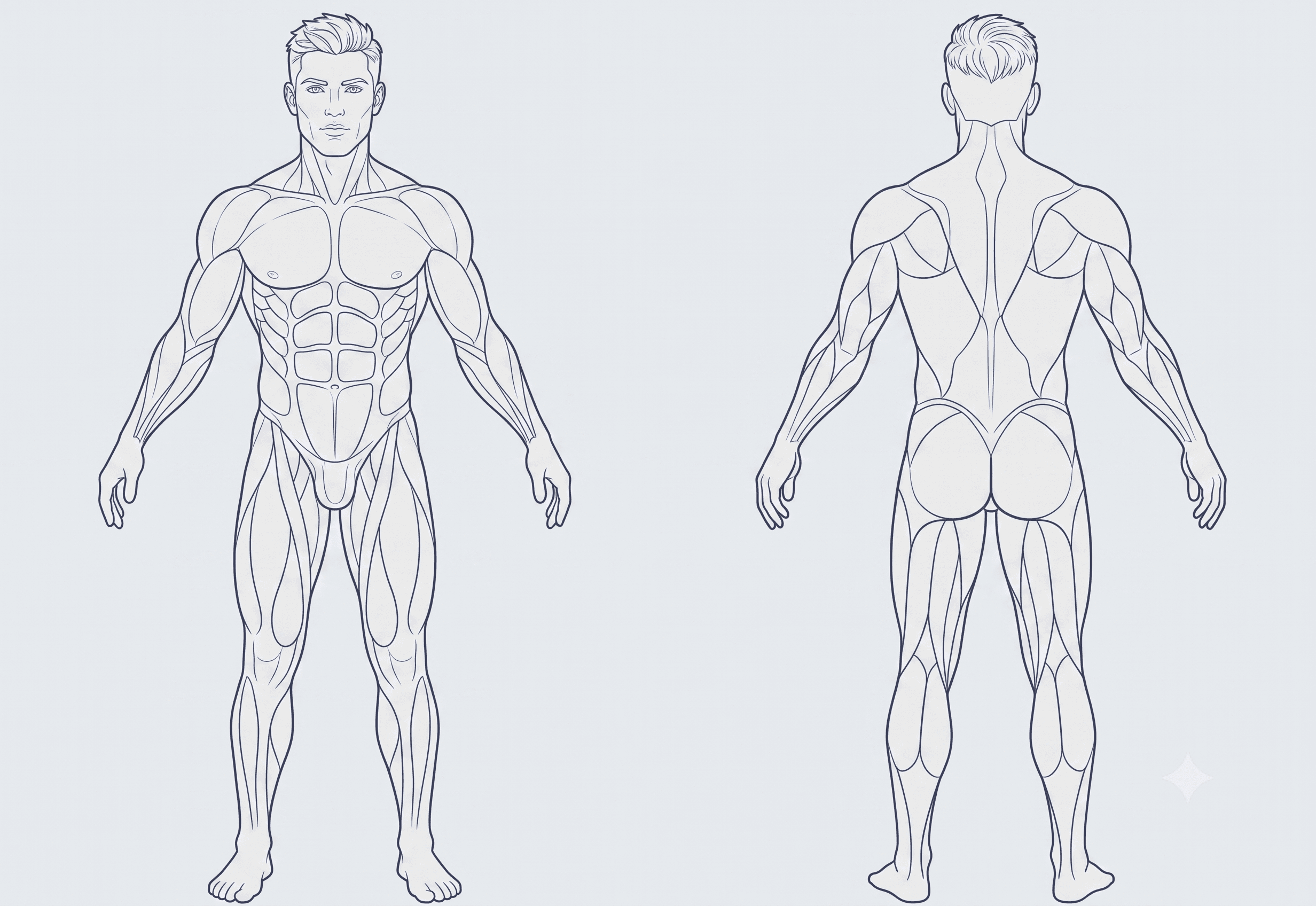 Male muscle anatomy diagram, front and back view